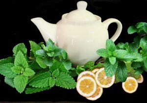 Lemon balm leaves and slices of lemon around a teapot