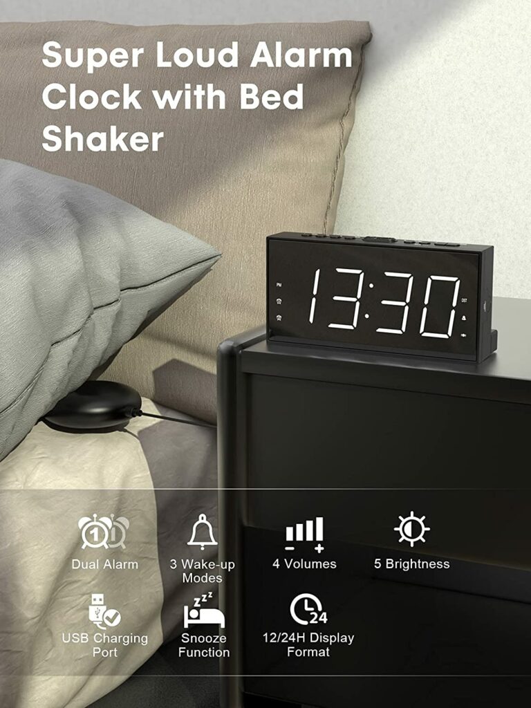 ROCAM Extra Loud Alarm Clock with Bed Shaker 7.5" Large LED Display with 5 Brightness Dimmer Vibrating Dual Alarm Clock for Heavy Sleepers, Hard of Hearing, Deaf