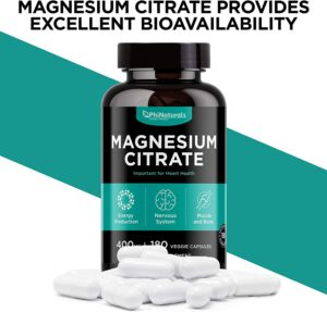 PHI NATURALS Magnesium Citrate Capsules 400 mg - Pure Magnesium Supplement