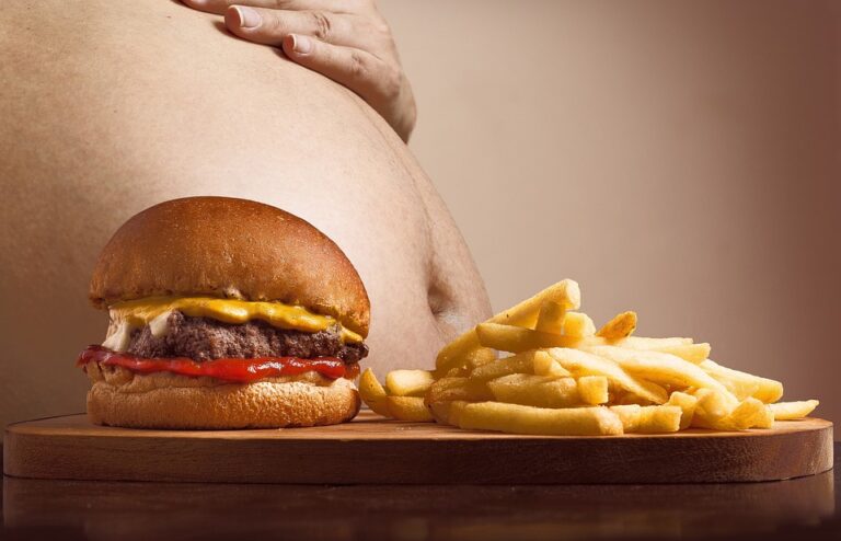 A Big Hamburger and Fries Platter in Front of an Obese Person - Belly Fat and Heart Disease