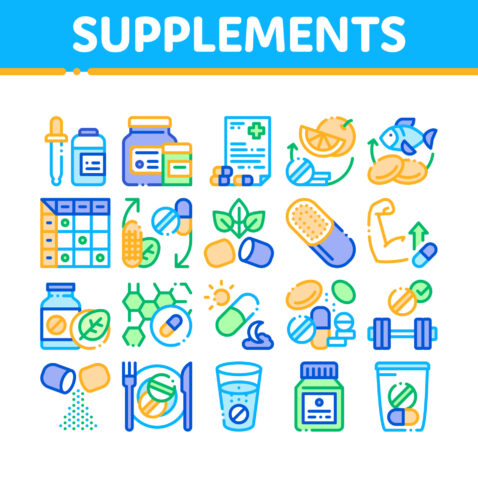 Supplements Collection of Vector Icons -How to Use Dietary Supplements