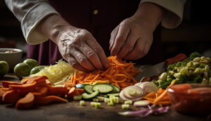 Freshly chopped vegetables for a healthy salad meal by a senior  - Kitchen Safety Products f