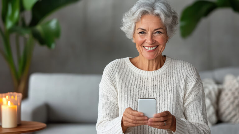 a-smiling-older-woman-seated-on-a-couch-holding-a-cell-phone- Best Cell Phones For Seniors