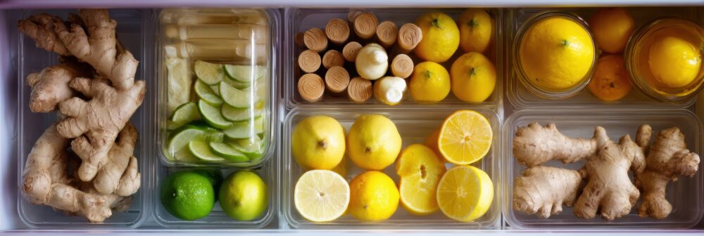 Fridge Filled With Natural Cold Remedies Featuring Ginger Shots, Citrus Fruits, and Lime, Showcasing Healthy Ingredients for Wellness - All Natural Home Remedies