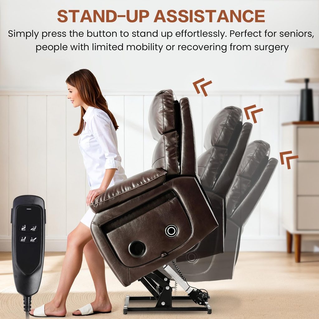 BEDHOURS Dual Motor Power Lift Recliner Chair for Elderly with Tray Table -  Leather - Stand up Assistance - Best Recliners for Back Pain