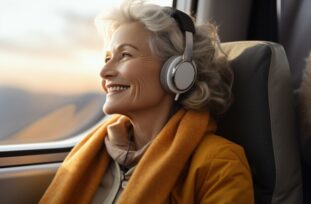 senior woman with over-the-ear headphones listening to music on a plane - Best Headphones for Seniors