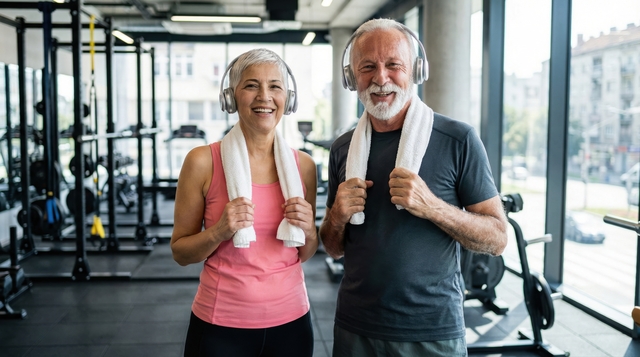 Happy senior couple with over-ear headphones enjoying a workout session at the gym - Best Headphones for Seniors