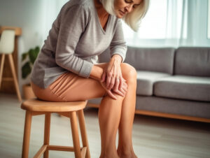 elderly-woman-seated-on-chair-touches-knee-suffers-from-arthritis - Overcome Pain of Arthritis in Older Adults