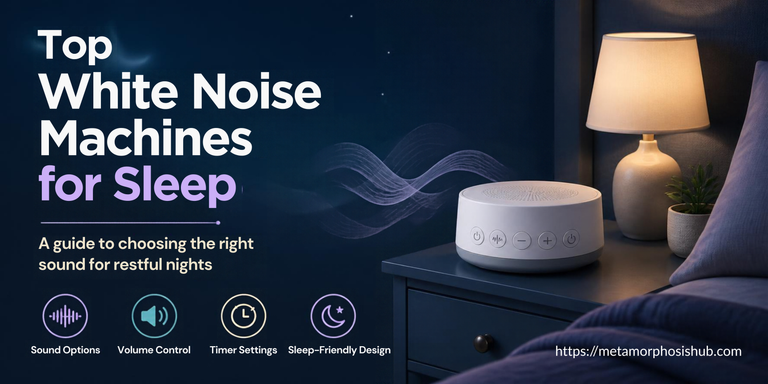 Bedroom setting with lamp on a night stand with a white noise machine - Top White Noise Machines for Sleeping