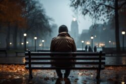 man sitting on a bench in the park on a rainy-day with obscured city view - Impact of Loneliness and Seniors