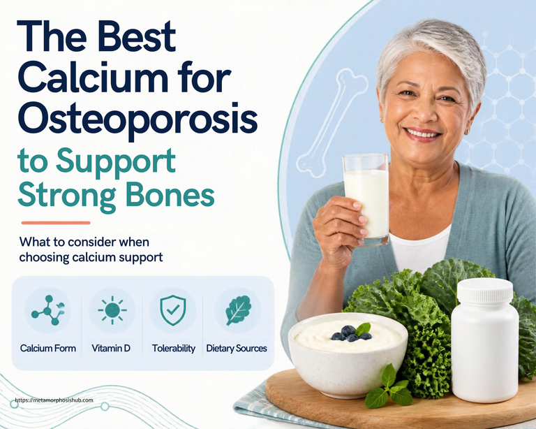 Senior woman holding a glass of milk with other sources of calcium on a kitchen board - Best Calcium for Osteoporosis