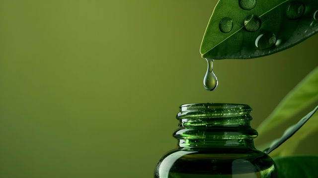 a drop flows from a leaf into a jar, green background - Hidden dangers in Using Essential Oils
