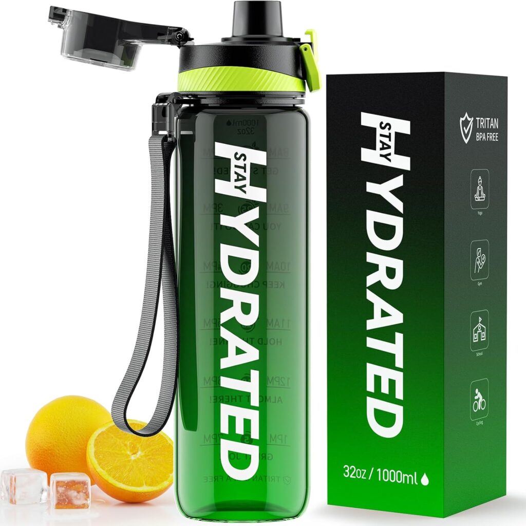 MEVOLY 1L Tritan Motivational Water Bottle with Time Markings- Green - Liver and Kidney Health