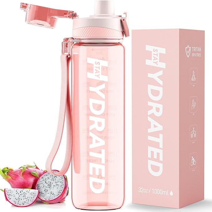 MEVOLY 1L Tritan Motivational Water Bottle with Time Markings Pink