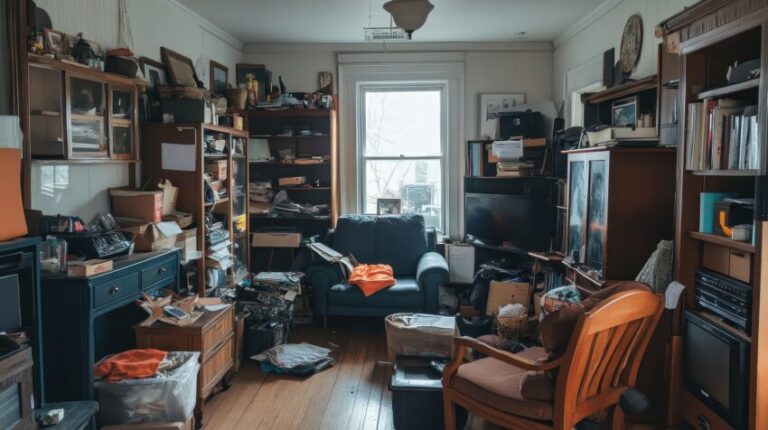 A cluttered living room filled with various items and furniture, creating a chaotic atmosphere - Decluttering Tips for Seniors