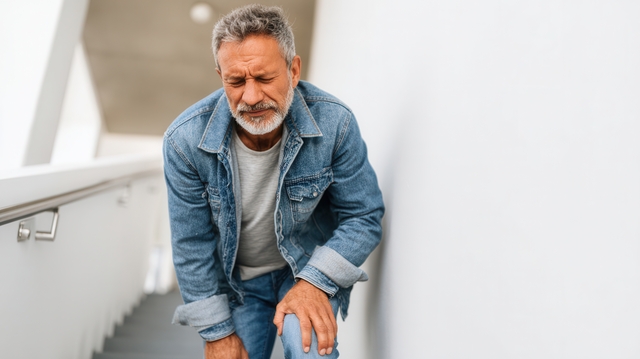 man-walking-up-stairs-grimacing-due-to-knee-pain - Conditions that Affect Mobility