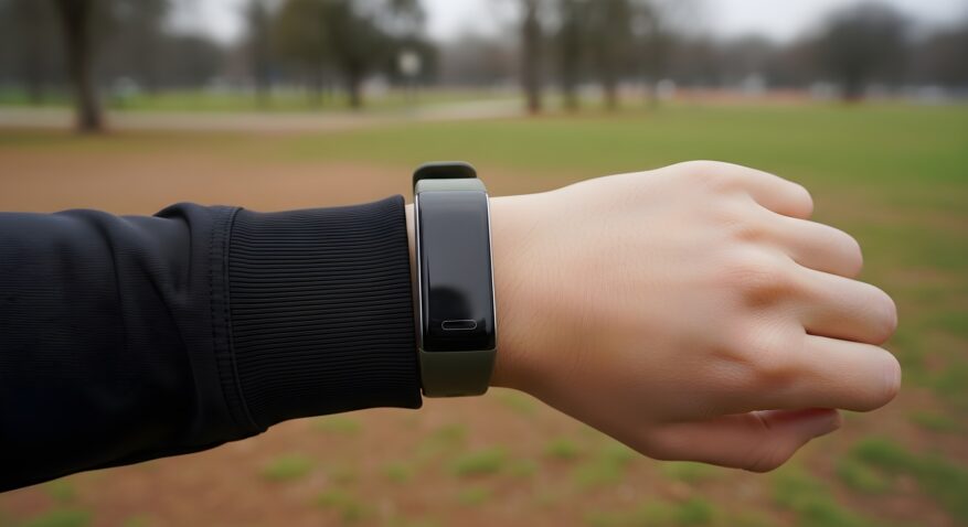 fitness-tracker-on-wrist-flat-lay-in-park - Fitness Tracker vs Smartwatch