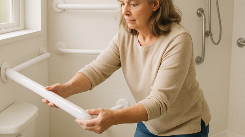 Middle aged woman setting up a bathroom with safety upgrades - How to set up a Home for Aging in Place