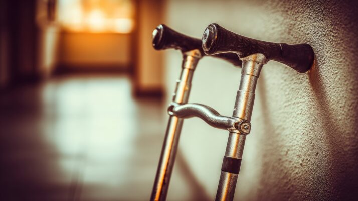 _two-metal-crutches-standing-against-a-textured-beige-wall - How to Choose Mobility Aids for Independent Living