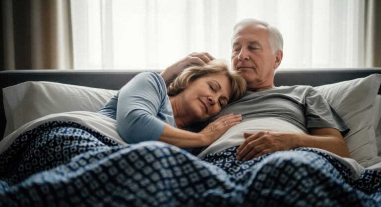 Peaceful senior couple sleeping together in bed, woman resting on man chest- Navigating Sleep Changes in Seniors
