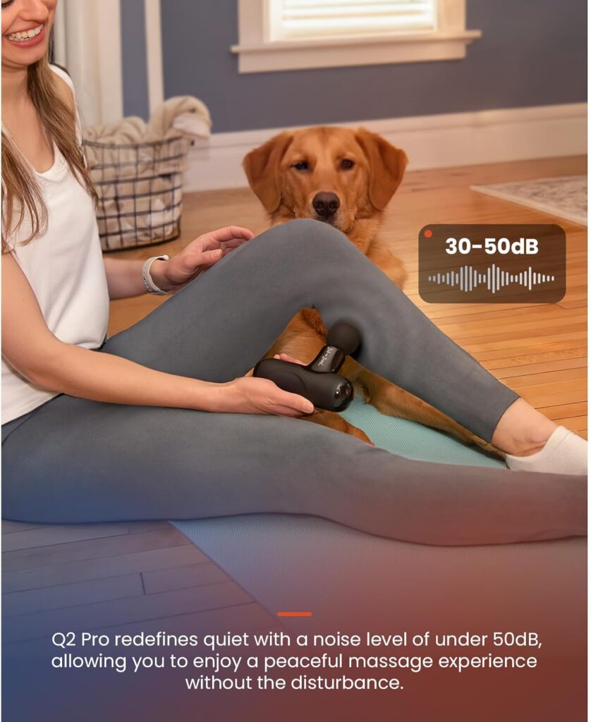 Woman using massage gun with dog - BOB and BRAD Portable Q2 Pro Mini Massage Gun with Heat and Cold - BOB and BRAD Portable Q2 Pro Mini Massage Gun with Heat and Cold